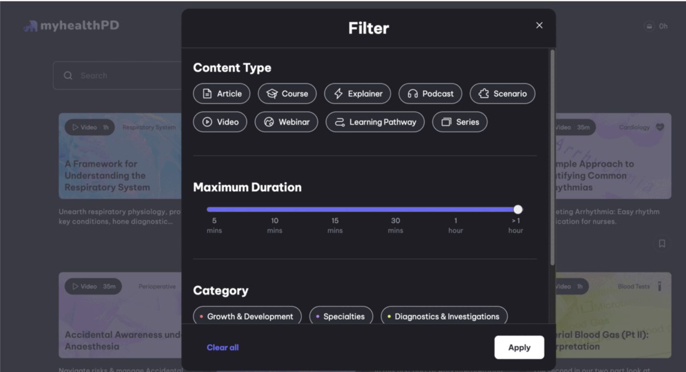 Search and filter — content types, duration and clinical categories