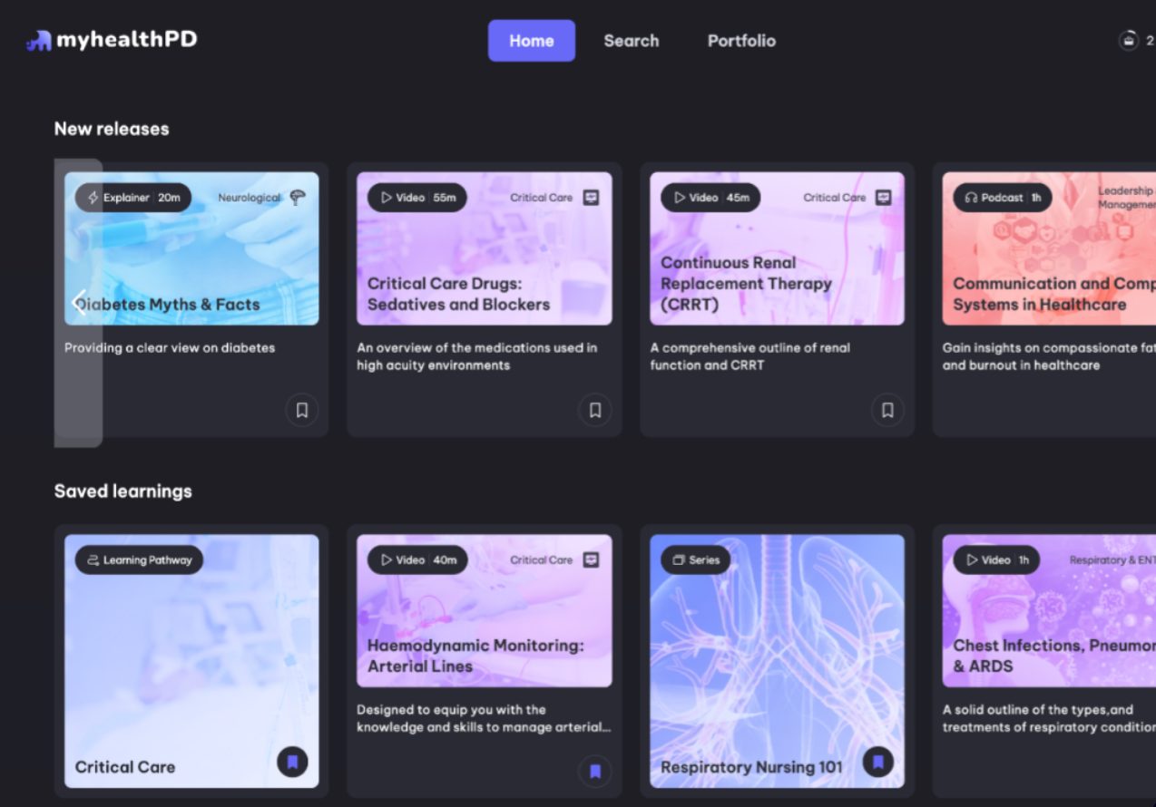 Platform home — new releases and saved learnings across videos, podcasts and pathways