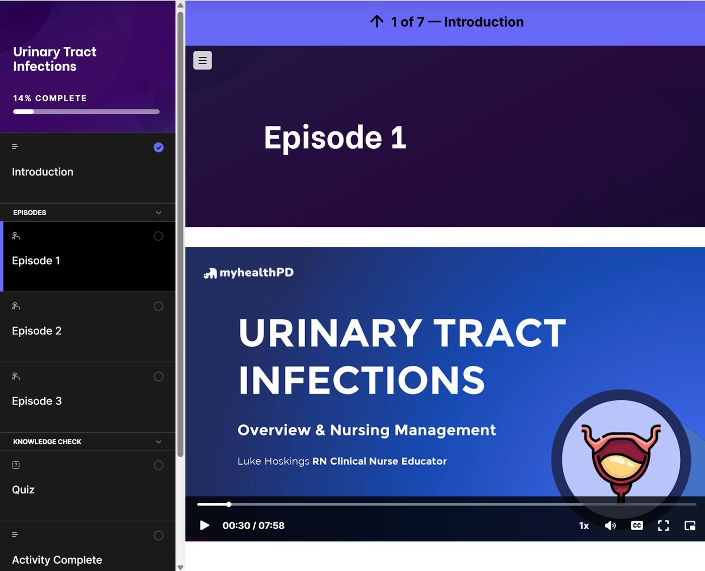 myhealthPD course player — Urinary Tract Infections, episodic Rise structure with episodes and knowledge check